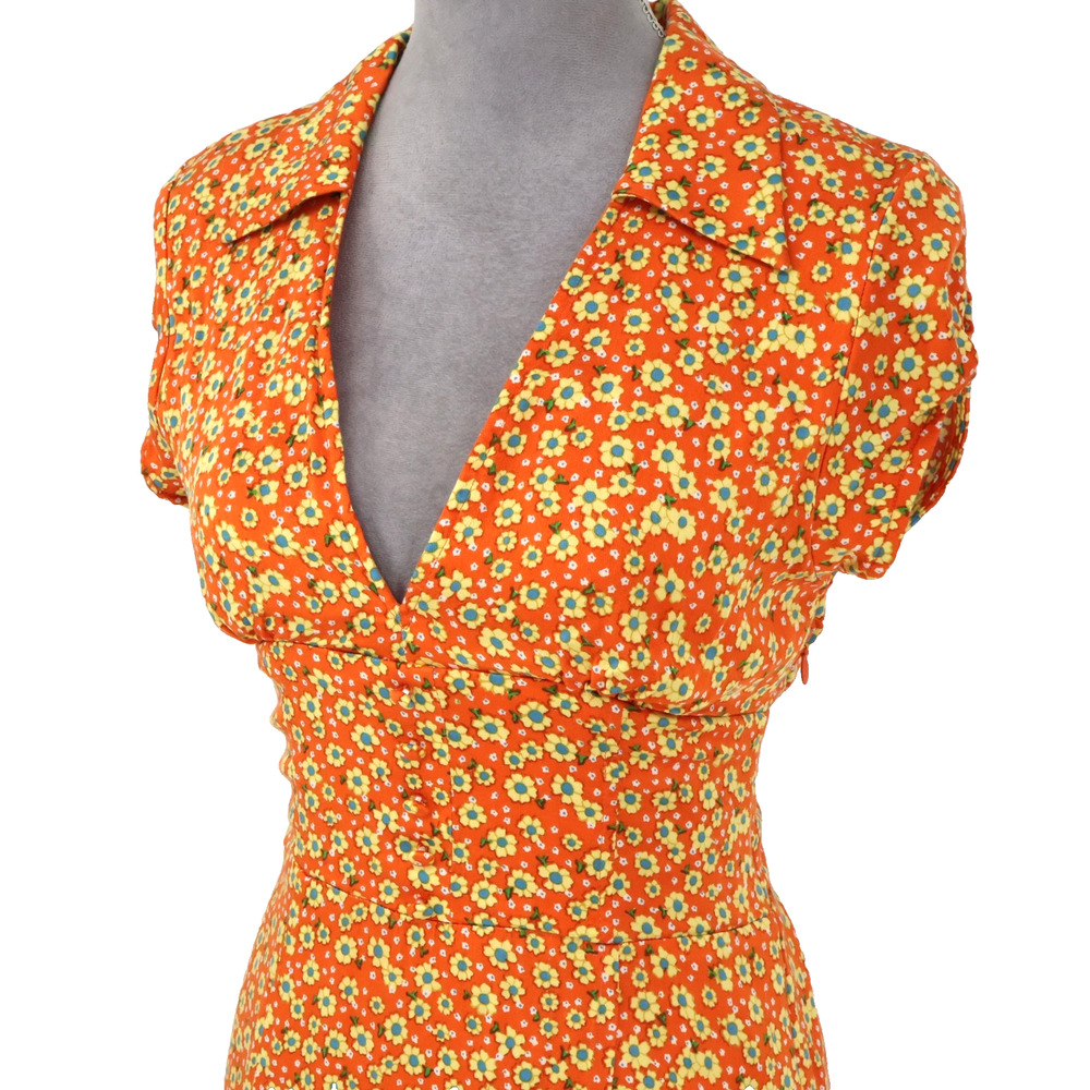 Urban Outfitters Dress Womens Medium Orange Yellow Floral Stretch Side Zip Lined - Picture 9 of 14